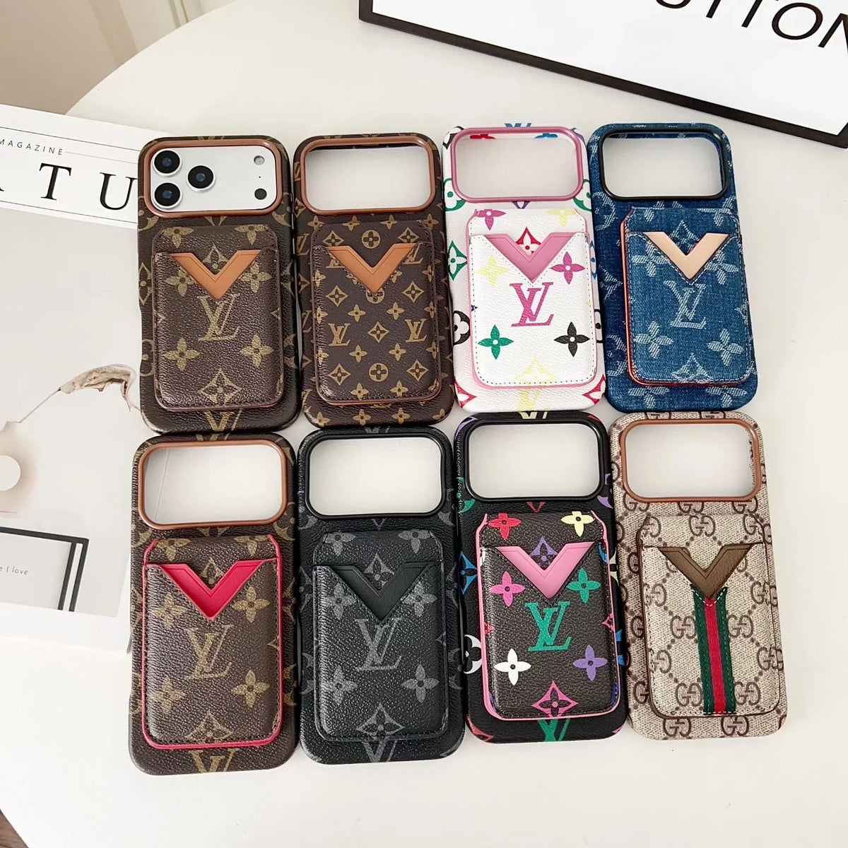 Louis Vuitton iPhone 18 Pro Max Case with Cardholder – Brown Monogram Red Trim Leather