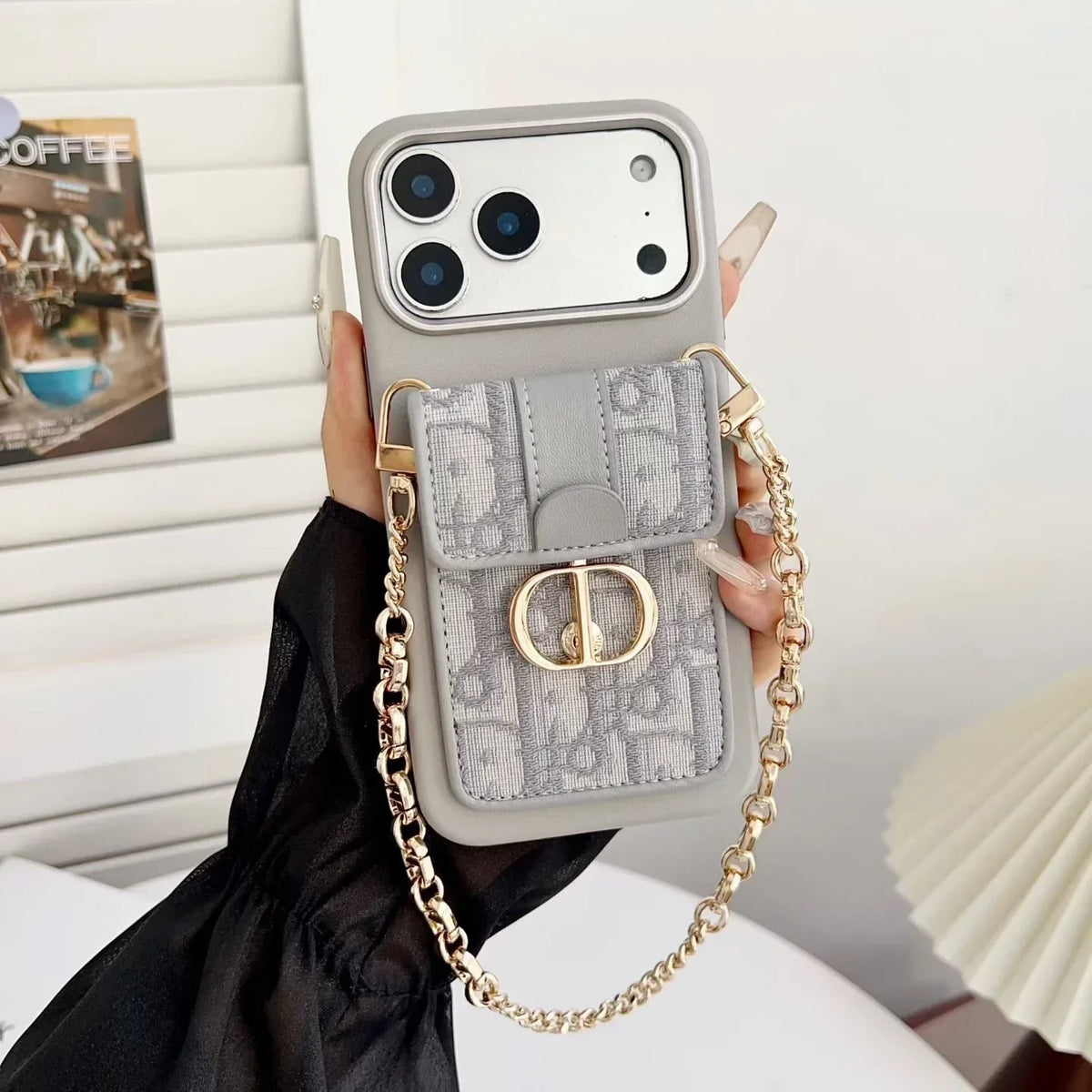 Dior iPhone 18 Pro Max Case with Wallet & 3 Straps – Black Luxury Crossbody Dior Phone Case