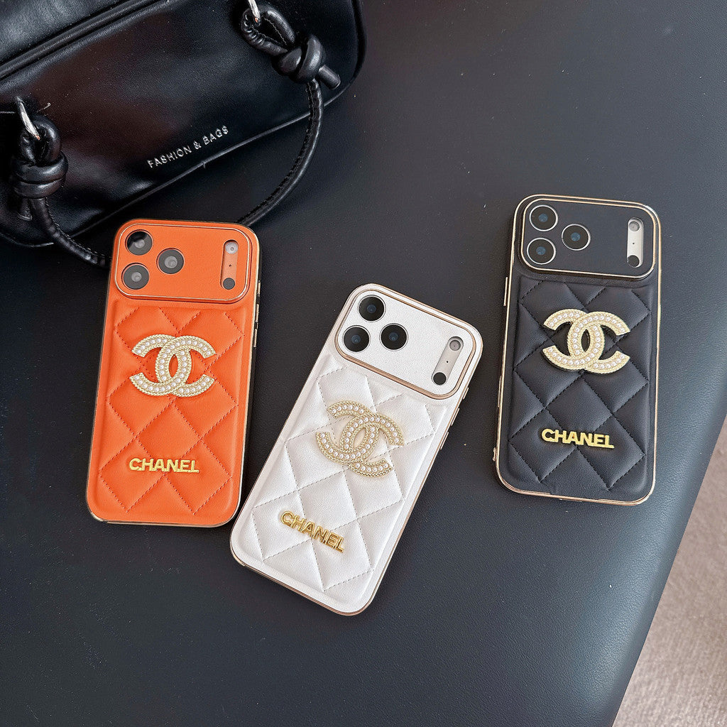 Leather Chanel iPhone 18 Pro Max Case Diamond Logo with Gold Label