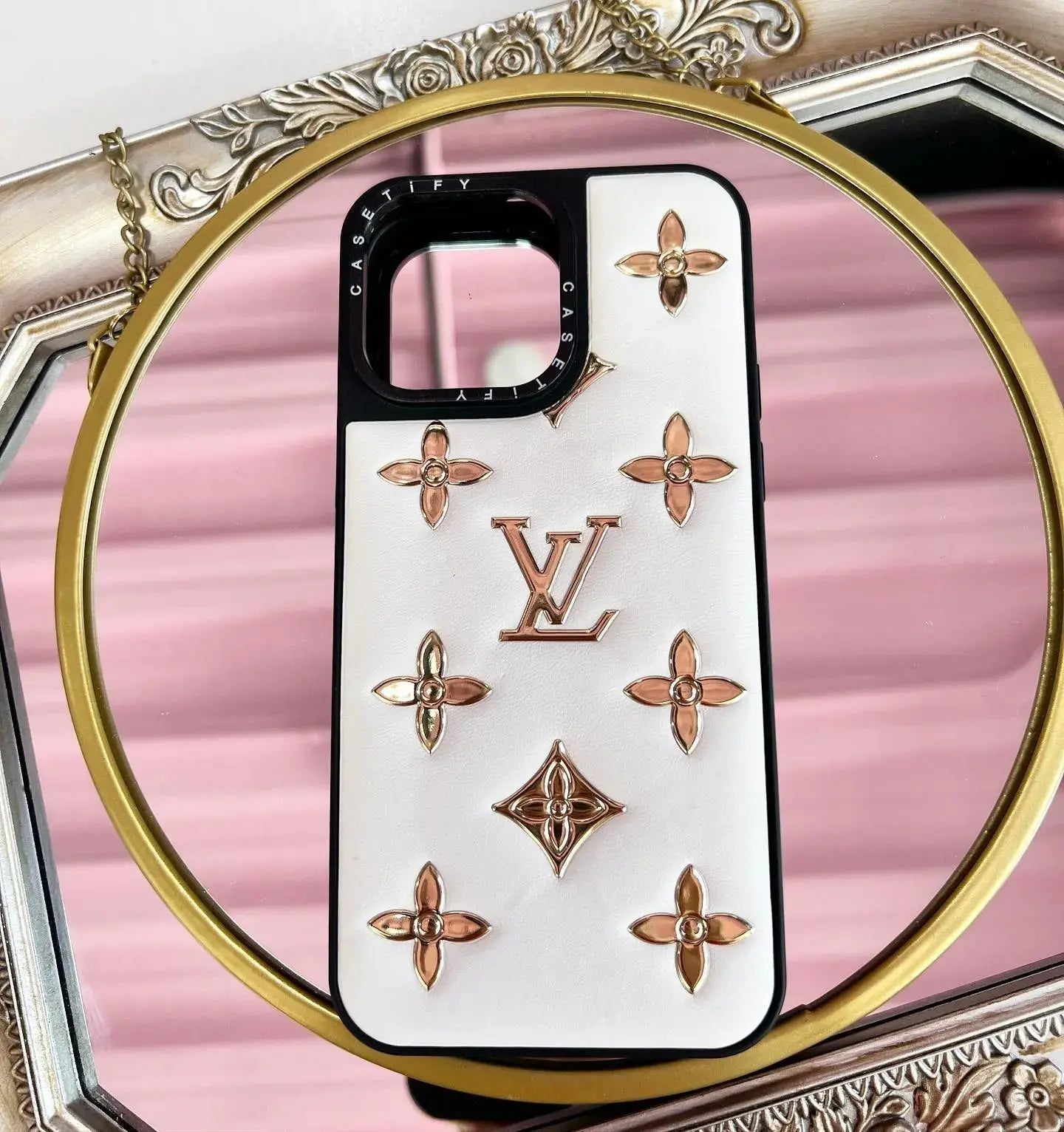 White Louis Vuitton iPhone 17 Pro Max Case - Monogram Coussin Chain BREATHE