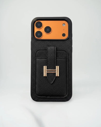 Hermès iPhone 17 Pro Max Case – Black Leather Card Holder Luxury Designer Cover BREATHE