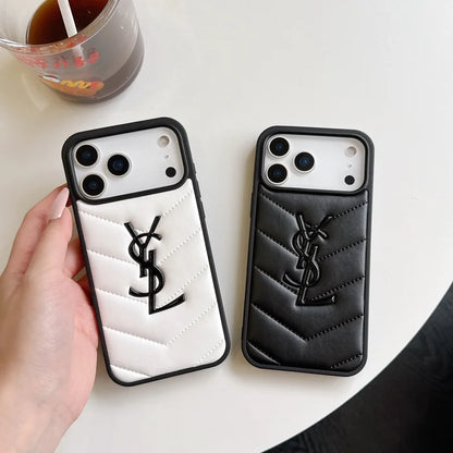 Black YSL luxury leather phone cover close-up
