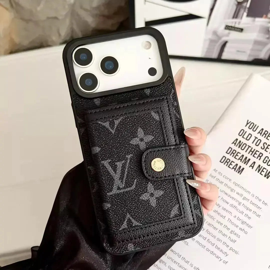 Louis Vuitton for iPhone 17 Pro Max Monogram Eclipse Wallet Case – Luxury Black Card Holder, Classic LV Logo BREATHE