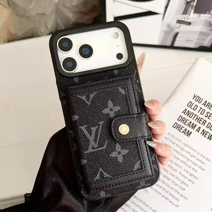 Louis Vuitton for iPhone 17 Pro Max Monogram Eclipse Wallet Case – Luxury Black Card Holder, Classic LV Logo BREATHE