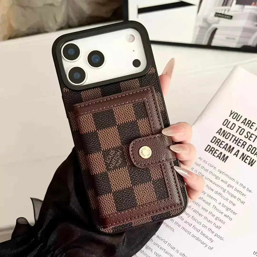 Louis Vuitton iPhone 17 Pro Max Case With Cardholder – Brown Checkered Card Holder, Damier Ebene Wallet Case BREATHE