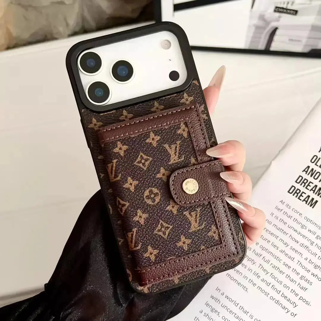 Louis Vuitton iPhone 17 Pro Max Case With Cardholder – Classic Brown Card Holder, Luxury Protective Cover BREATHE