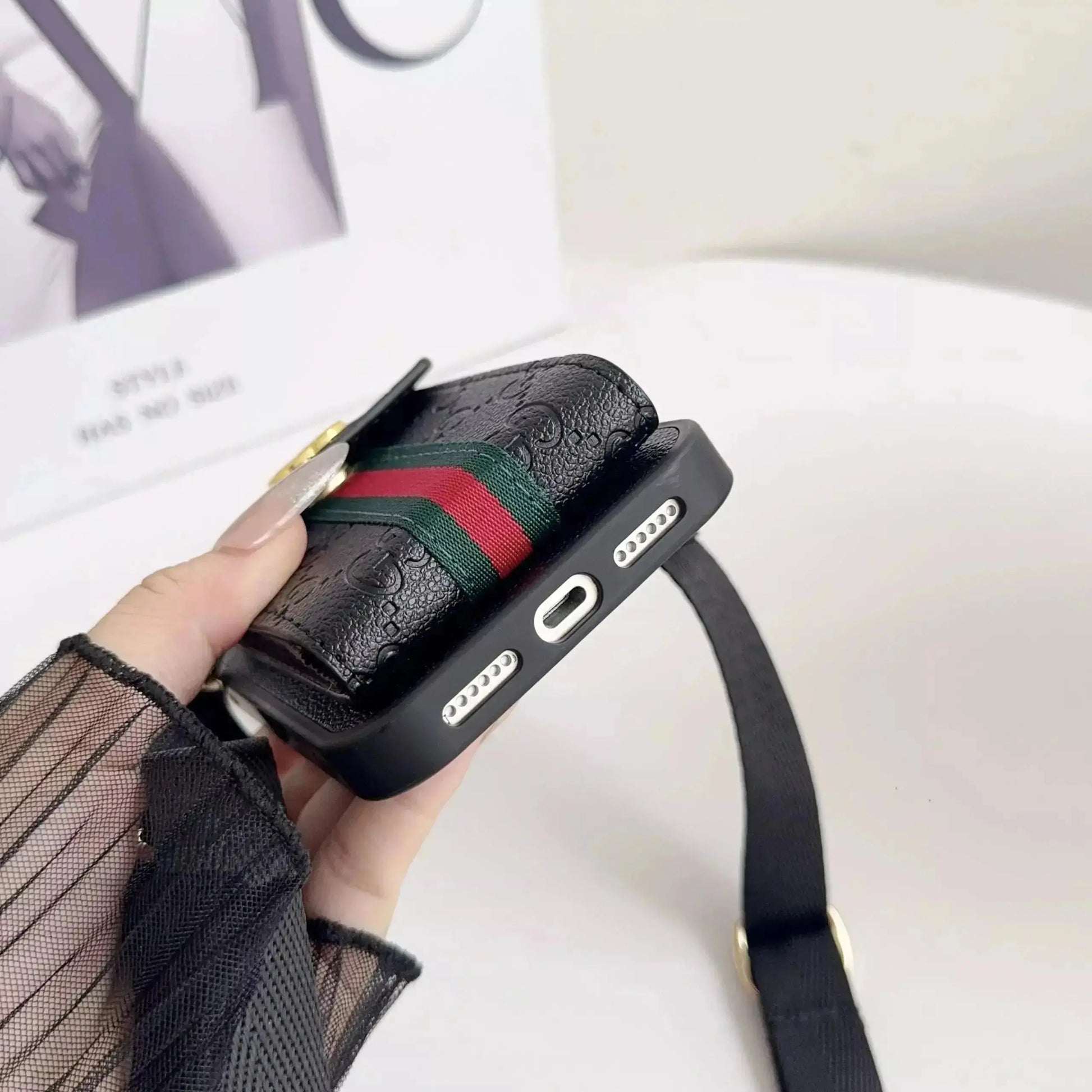 Black Gucci iPhone 17 Pro Max Case with CardHolder - Gucci iPhone case with Strap BREATHE