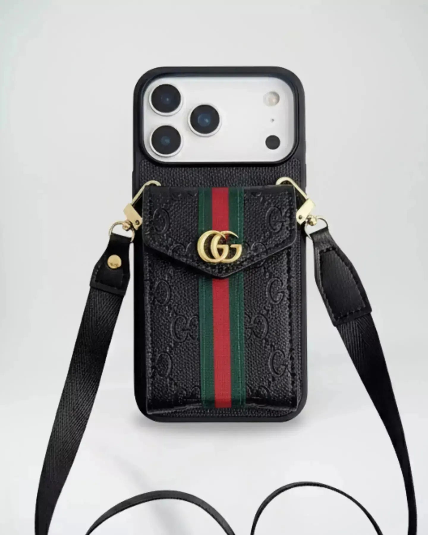 Black phone case with Gucci logo and strap on a white background