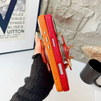 Louis Vuitton iPhone 18 Pro Case MagSafe Leather with Flower Grip – Orange