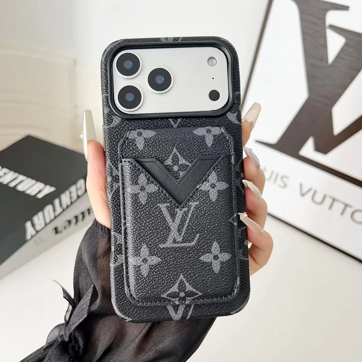 Louis Vuitton iPhone 18 Pro Max Case with Cardholder – Brown Monogram Red Trim Leather