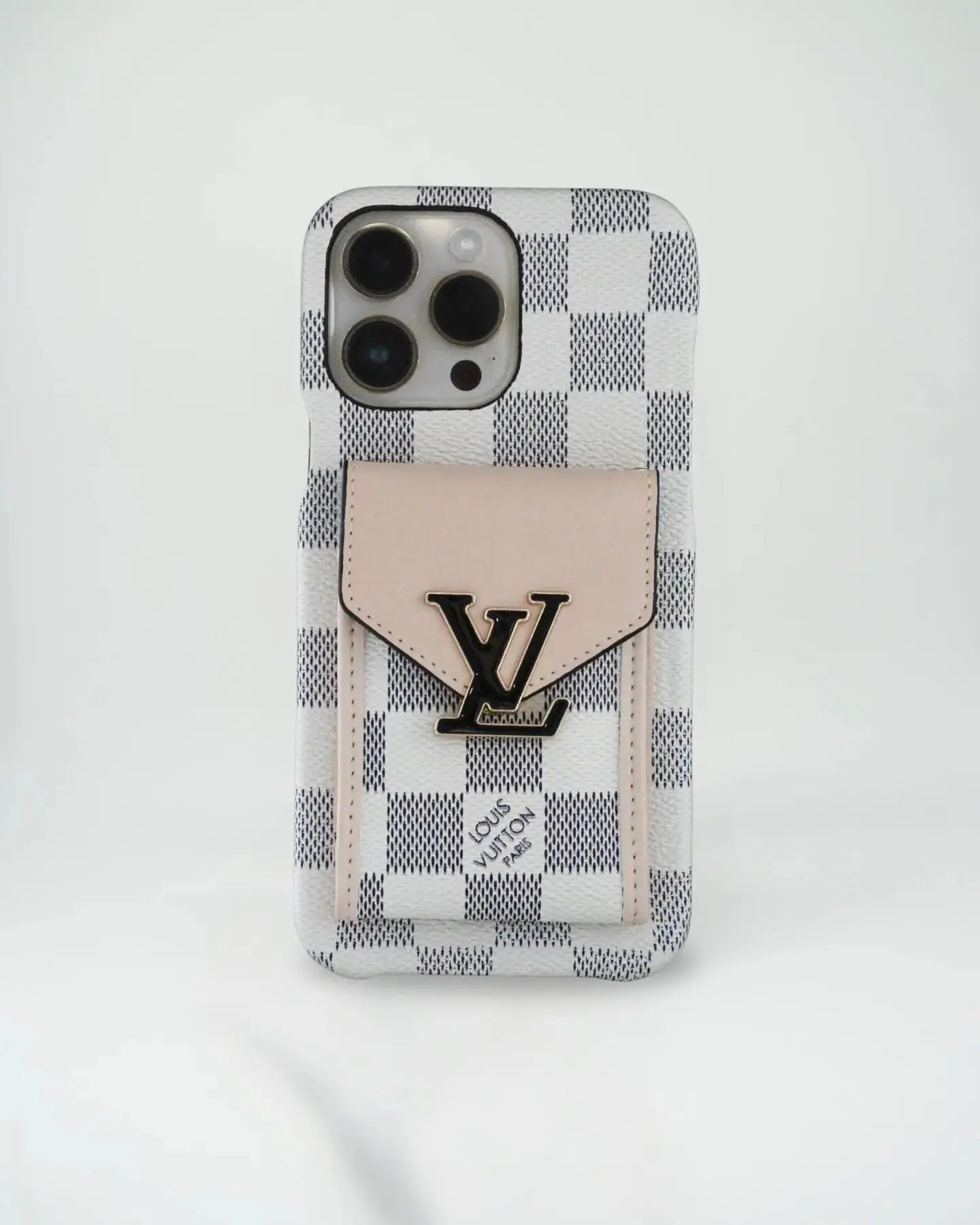 White Checkered Louis Vuitton iPhone 17 Pro Max Case With Cardholder BREATHE