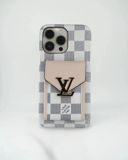 White Checkered Louis Vuitton iPhone 17 Pro Max Case With Cardholder BREATHE