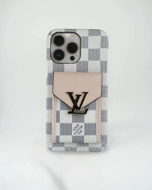 White Checkered Louis Vuitton iPhone 17 Pro Max Case With Cardholder BREATHE