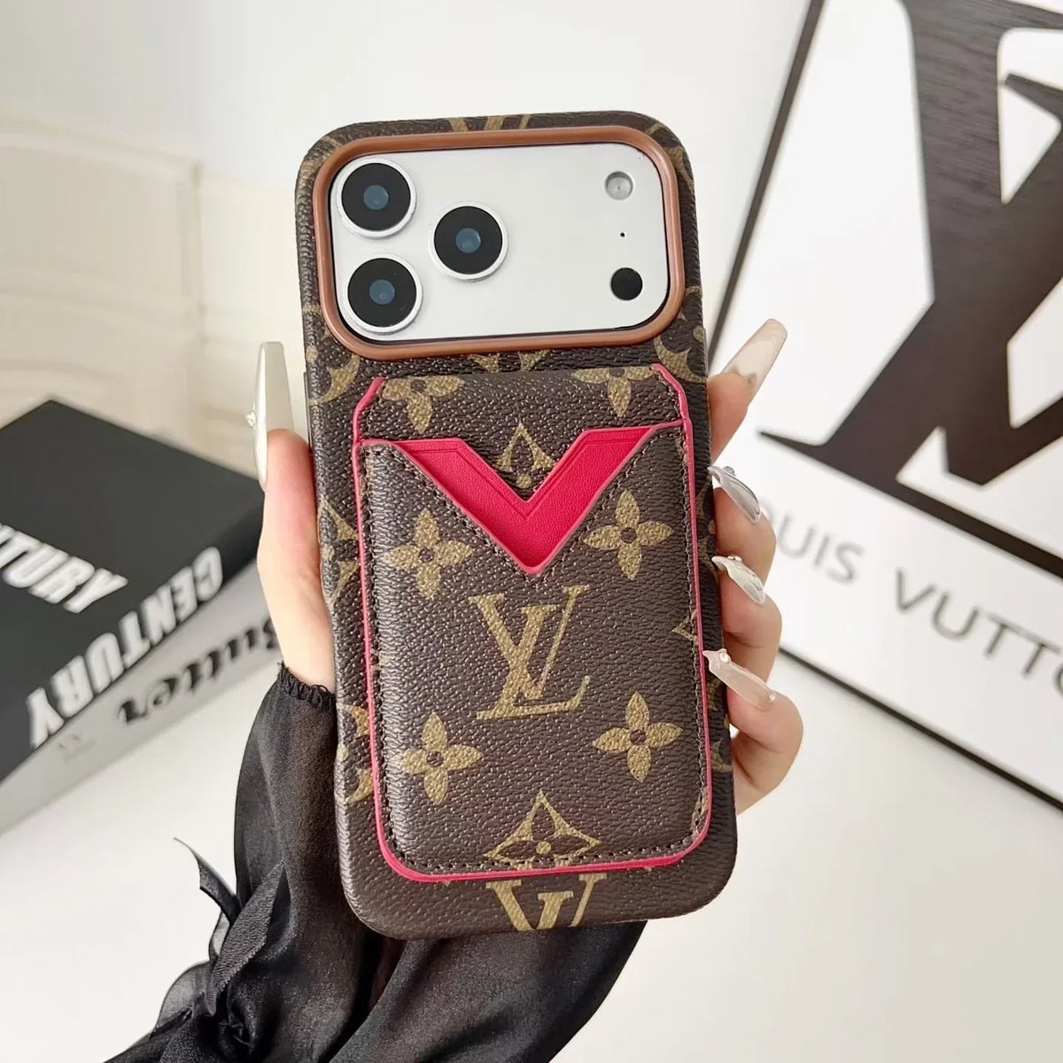 Louis Vuitton iPhone 18 Pro Max Case with Cardholder – Brown Monogram Red Trim Leather