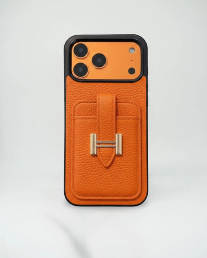 Hermès iPhone 17 Pro Max Case – Black Leather Card Holder Luxury Designer Cover BREATHE