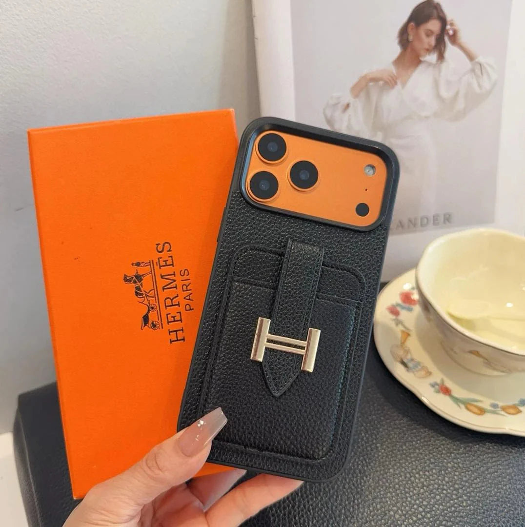 Hermès iPhone 17 Pro Max Case – Black Leather Card Holder Luxury Designer Cover BREATHE