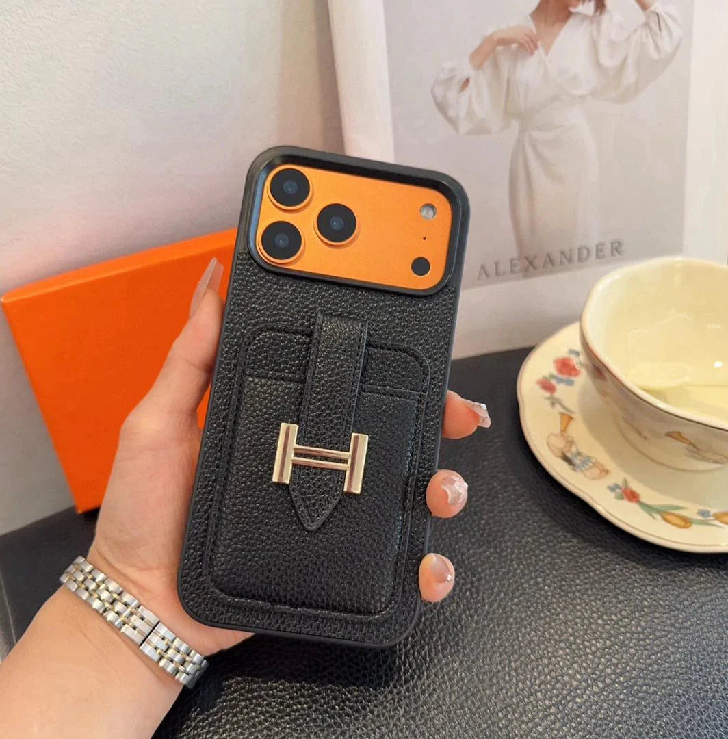 Hermès iPhone 17 Pro Max Case – Black Leather Card Holder Luxury Designer Cover BREATHE