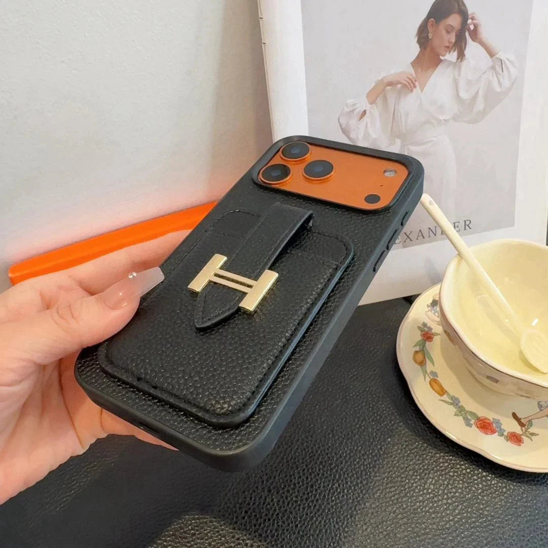 Hermès iPhone 17 Pro Max Case – Black Leather Card Holder Luxury Designer Cover BREATHE