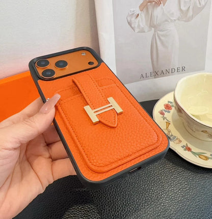 Hermès iPhone 17 Pro Max Case – Black Leather Card Holder Luxury Designer Cover BREATHE