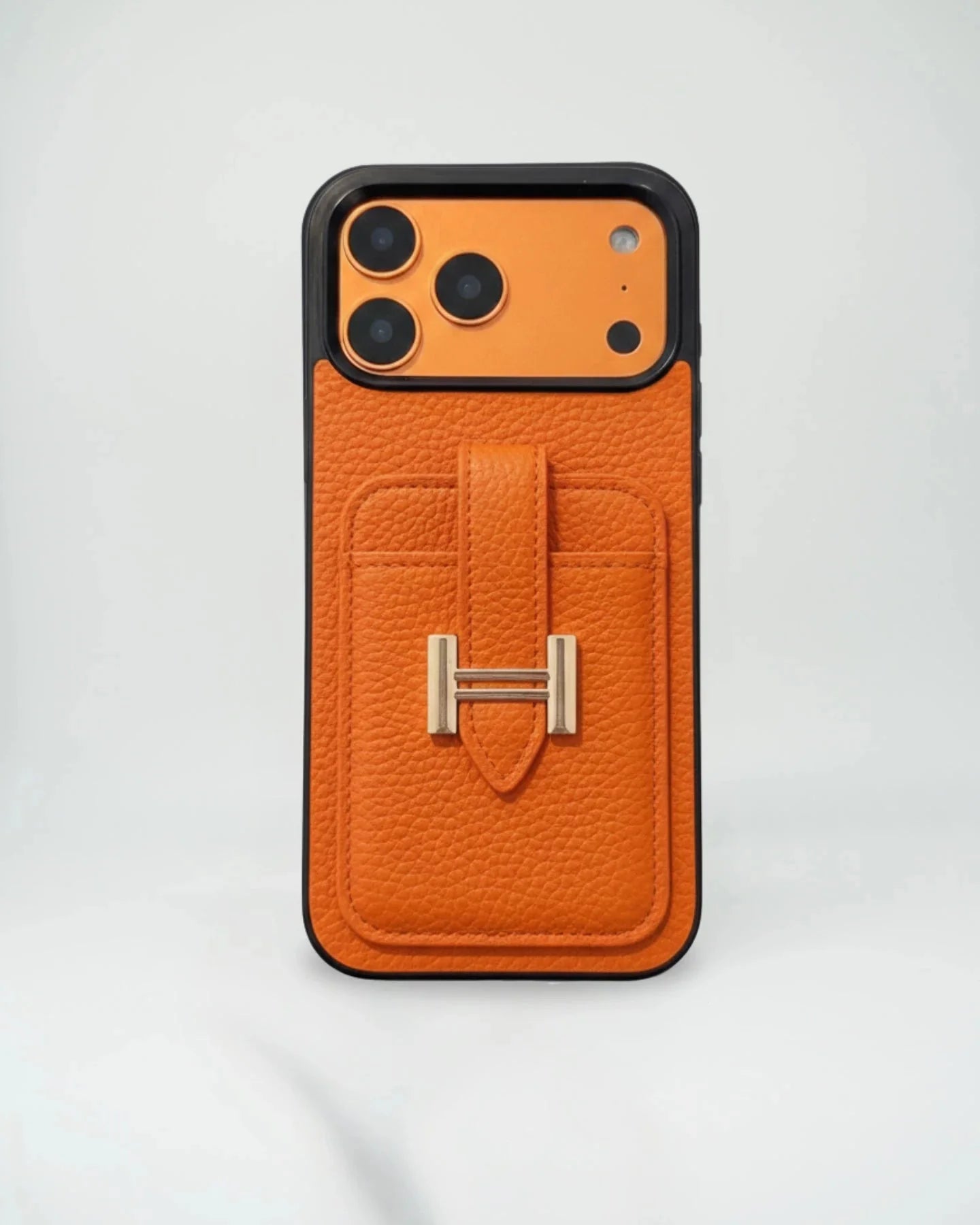 Hermès iPhone 17 Pro Max Case – Black Leather Card Holder Luxury Designer Cover BREATHE