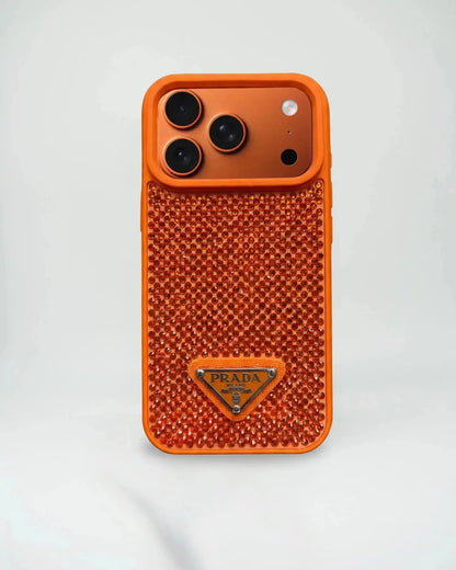 Orange prada phone case with Prada logo on a white background