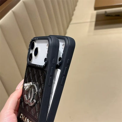 Premium Chanel lambskin-style iPhone case close-up