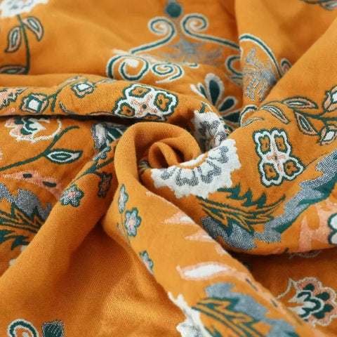 Saffron Mosaic Bohemian Floral Throw Blanket – Soft Cotton Decorative Fringe Bedspread for Sofa & Couch, Orange Teal Reversible Boho Blanket
