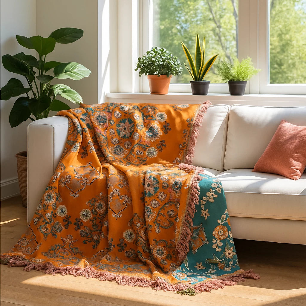Saffron Mosaic Bohemian Floral Throw Blanket – Soft Cotton Decorative Fringe Bedspread for Sofa & Couch, Orange Teal Reversible Boho Blanket