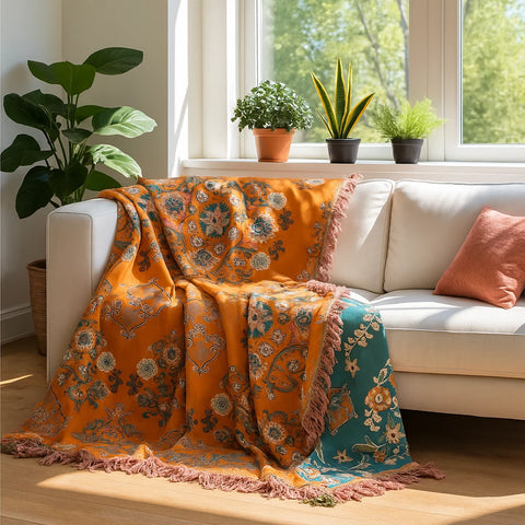Saffron Mosaic Bohemian Floral Throw Blanket – Soft Cotton Decorative Fringe Bedspread for Sofa & Couch, Orange Teal Reversible Boho Blanket