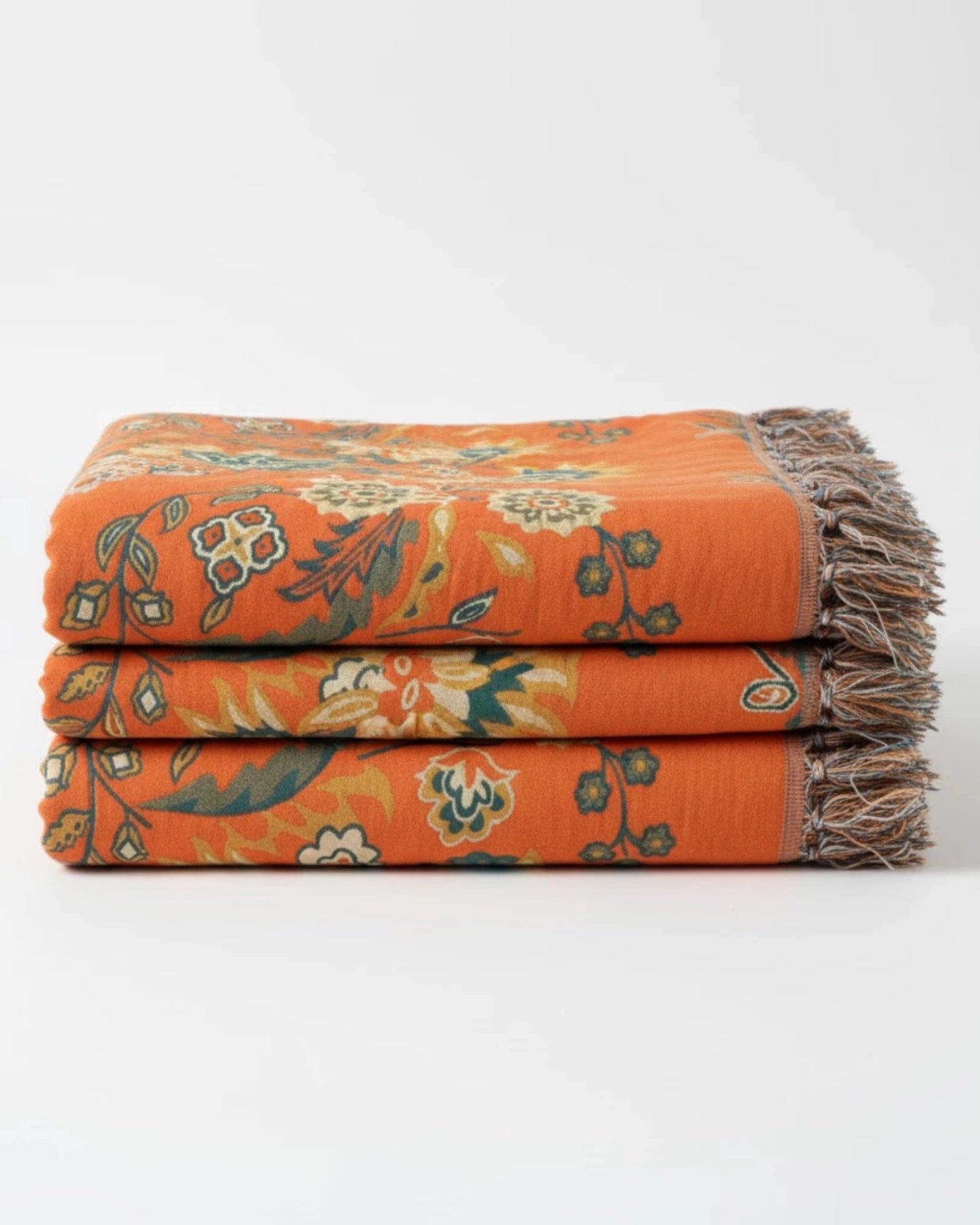 Saffron Mosaic Bohemian Floral Throw Blanket – Soft Cotton Decorative Fringe Bedspread for Sofa & Couch, Orange Teal Reversible Boho Blanket