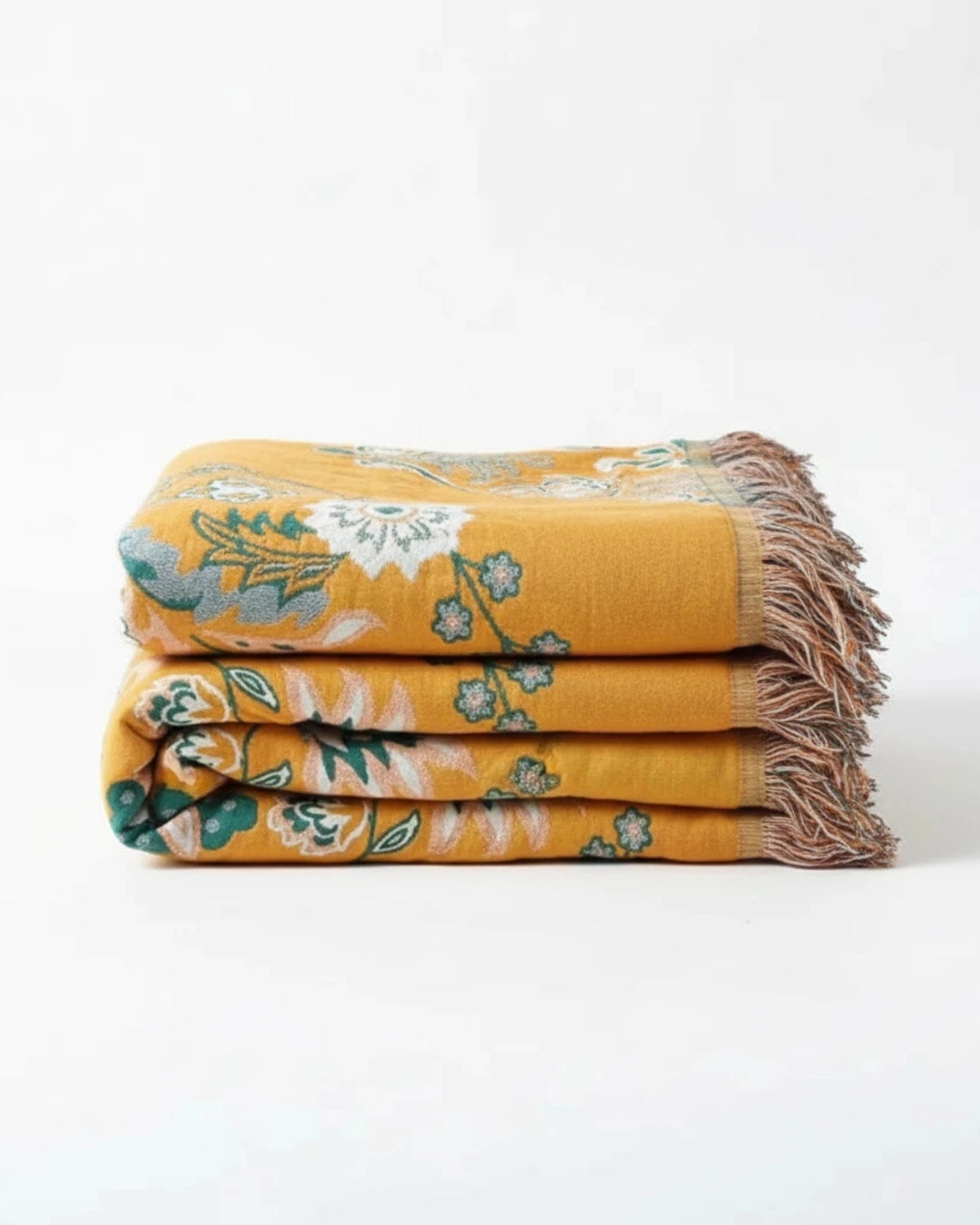 Saffron Mosaic Bohemian Floral Throw Blanket – Soft Cotton Decorative Fringe Bedspread for Sofa & Couch, Orange Teal Reversible Boho Blanket