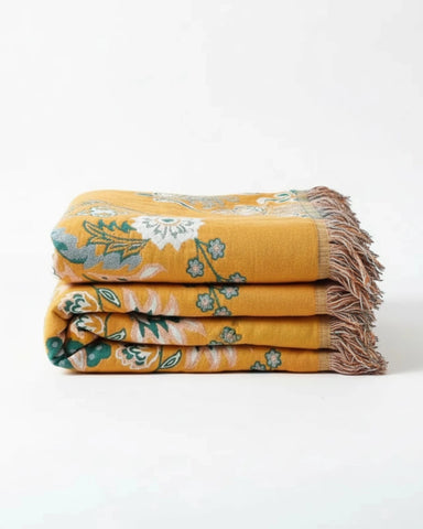 Saffron Mosaic Bohemian Floral Throw Blanket – Soft Cotton Decorative Fringe Bedspread for Sofa & Couch, Orange Teal Reversible Boho Blanket