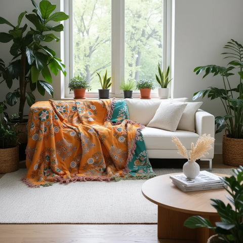 Saffron Mosaic Bohemian Floral Throw Blanket – Soft Cotton Decorative Fringe Bedspread for Sofa & Couch, Orange Teal Reversible Boho Blanket