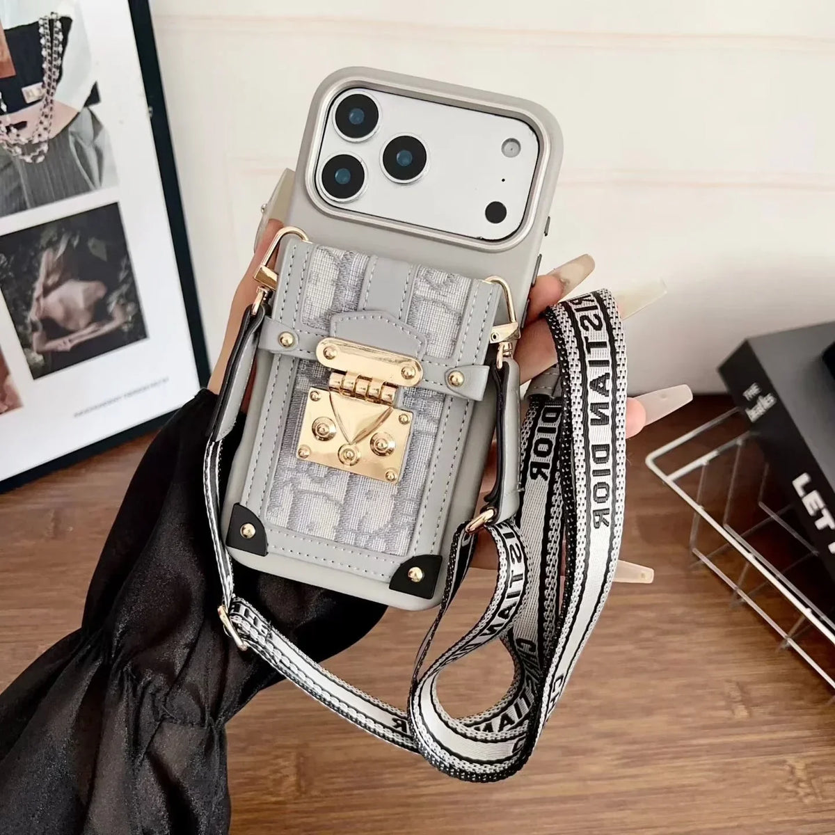 Dior iPhone 18 Pro Case with Wallet & 3 Straps – Gray Luxury Crossbody Dior Phone Case