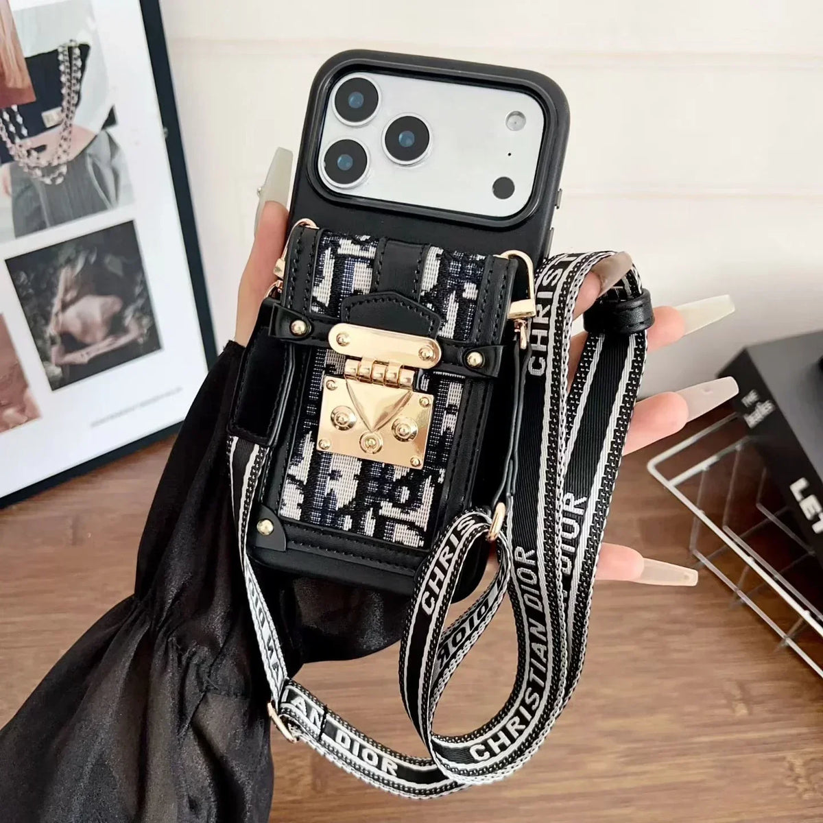 Dior iPhone 18 Pro Case with Wallet & 3 Straps – Gray Luxury Crossbody Dior Phone Case