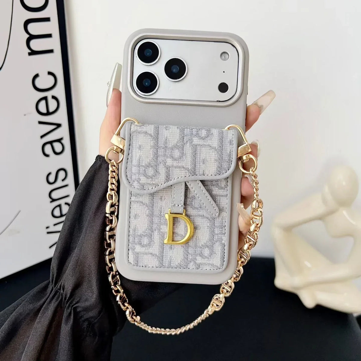 Dior iPhone 18 Pro Case with Wallet & 3 Straps – Black Luxury Crossbody Dior Phone Case