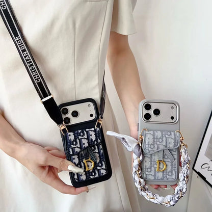 Dior iPhone 18 Pro Max Case with Wallet & 3 Straps – Gray Luxury Crossbody Dior Phone Case