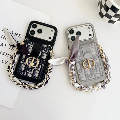 Dior iPhone 18 Pro Max Case with Wallet & 3 Straps – Black Luxury Crossbody Dior Phone Case
