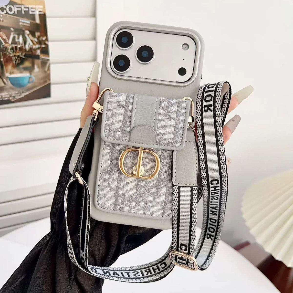 Dior iPhone 18 Pro Case with Wallet & 3 Straps – Black Luxury Crossbody Dior Phone Case