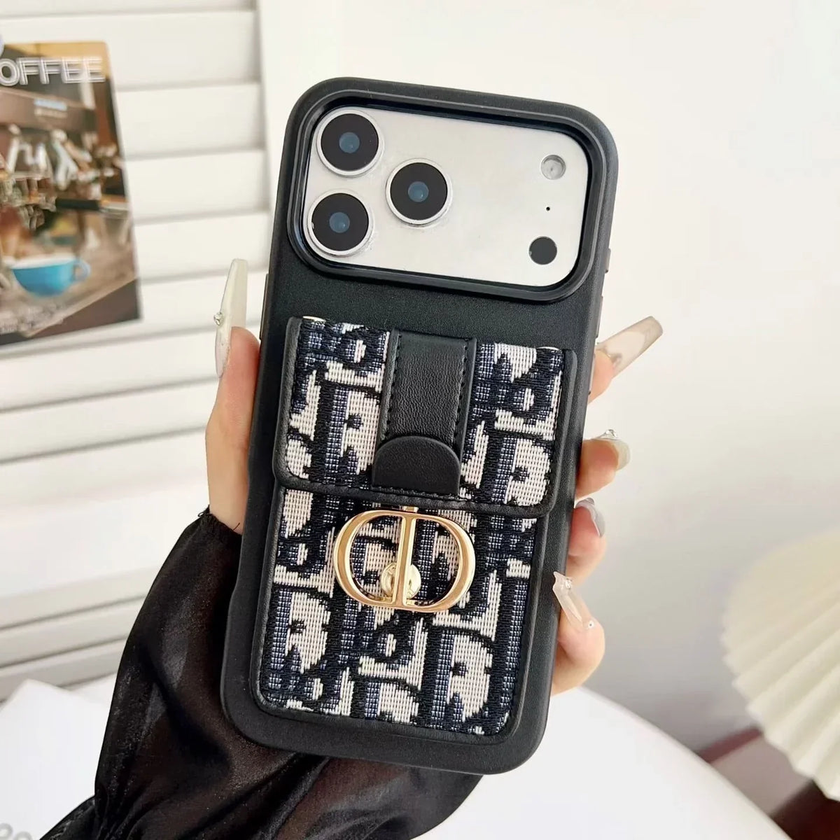 Dior iPhone 18 Pro Case with Wallet & 3 Straps – Black Luxury Crossbody Dior Phone Case