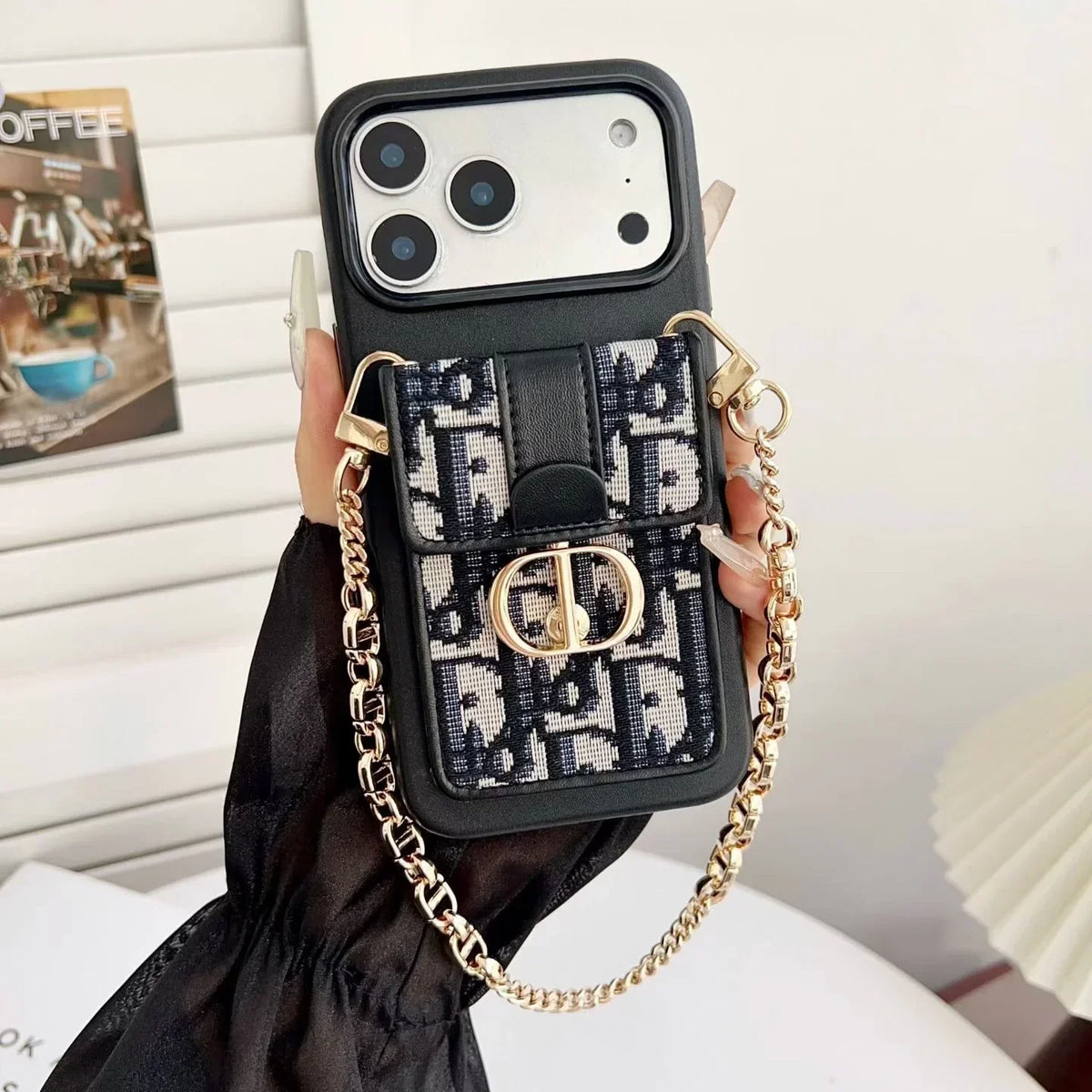 Dior iPhone 18 Pro Case with Wallet & 3 Straps – Black Luxury Crossbody Dior Phone Case