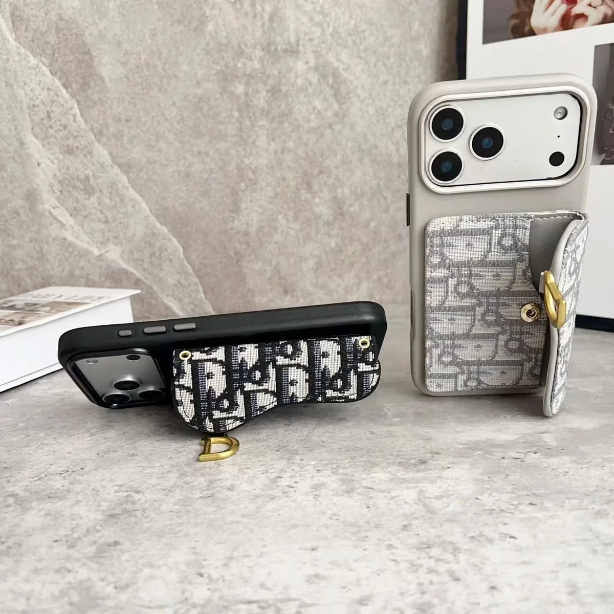 Dior iPhone 18 Pro Max Wallet Case with Card Holder – Gray Dior Oblique Flip Cover