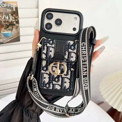Dior iPhone 18 Pro Case with Wallet & 3 Straps – Black Luxury Crossbody Dior Phone Case