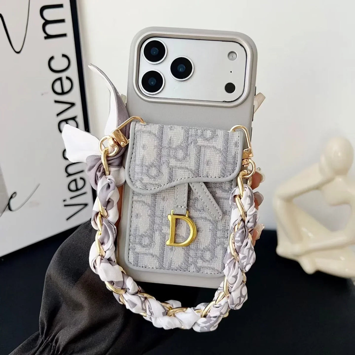 Dior iPhone 18 Pro Max Case with Wallet & 3 Straps – Gray Luxury Crossbody Dior Phone Case