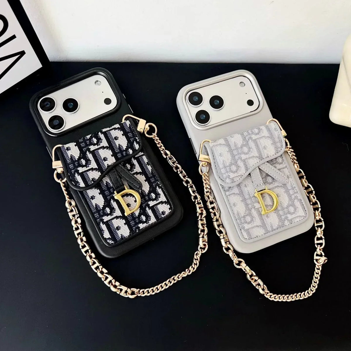 Dior iPhone 18 Pro Max Case with Wallet & 3 Straps – Gray Luxury Crossbody Dior Phone Case