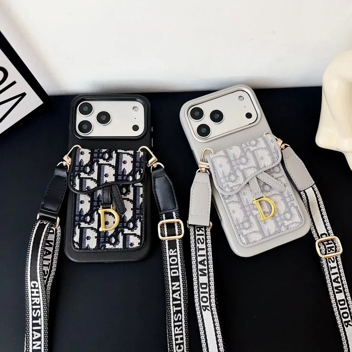 Dior iPhone 18 Pro Max Case with Wallet & 3 Straps – Black Luxury Crossbody Dior Phone Case