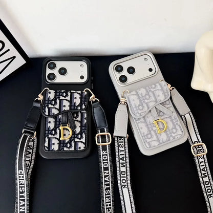 Dior iPhone 18 Pro Case with Wallet & 3 Straps – Black Luxury Crossbody Dior Phone Case