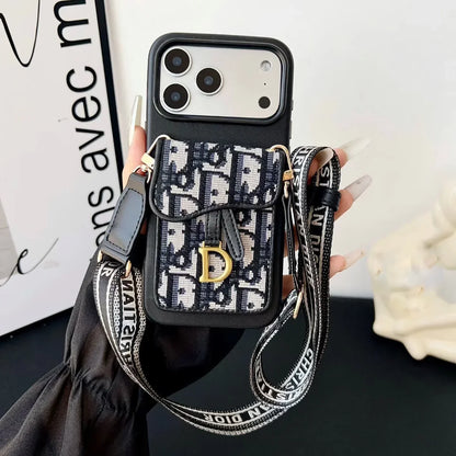 Dior iPhone 18 Pro Case with Wallet & 3 Straps – Black Luxury Crossbody Dior Phone Case