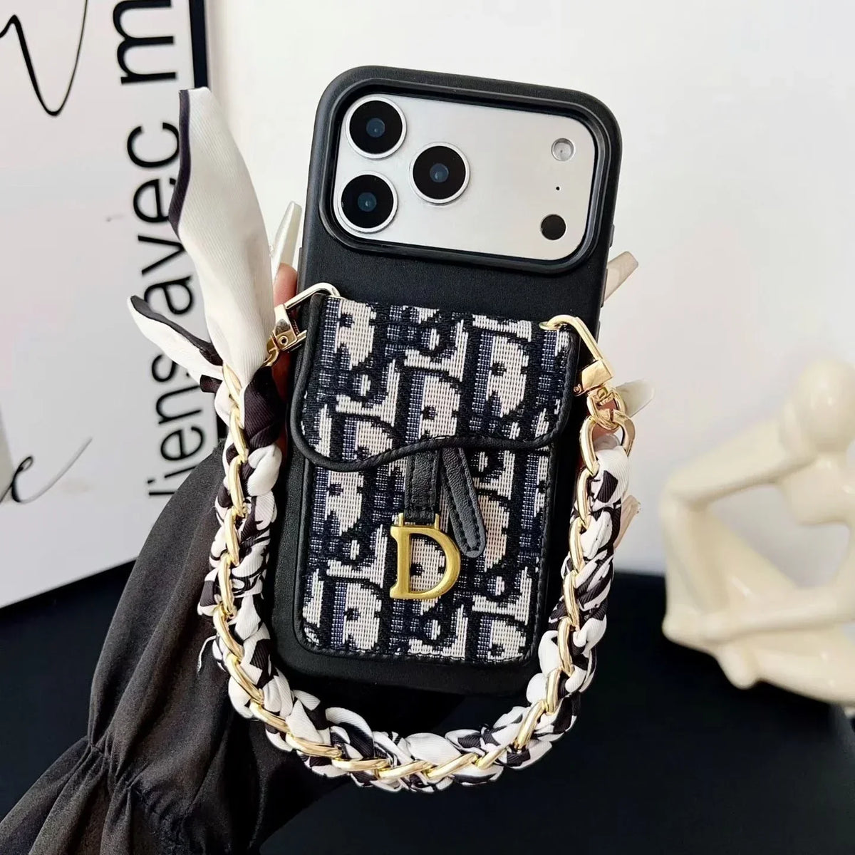 Dior iPhone 18 Pro Case with Wallet & 3 Straps – Black Luxury Crossbody Dior Phone Case