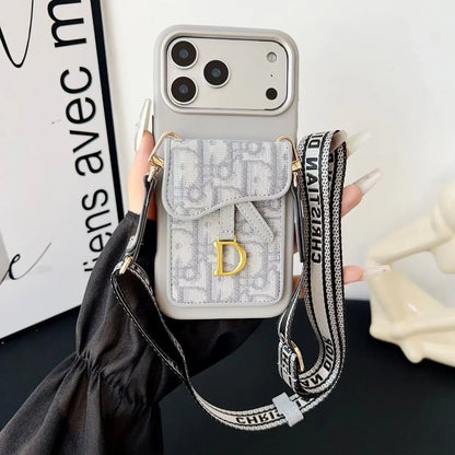 Dior iPhone 18 Pro Case with Wallet & 3 Straps – Black Luxury Crossbody Dior Phone Case